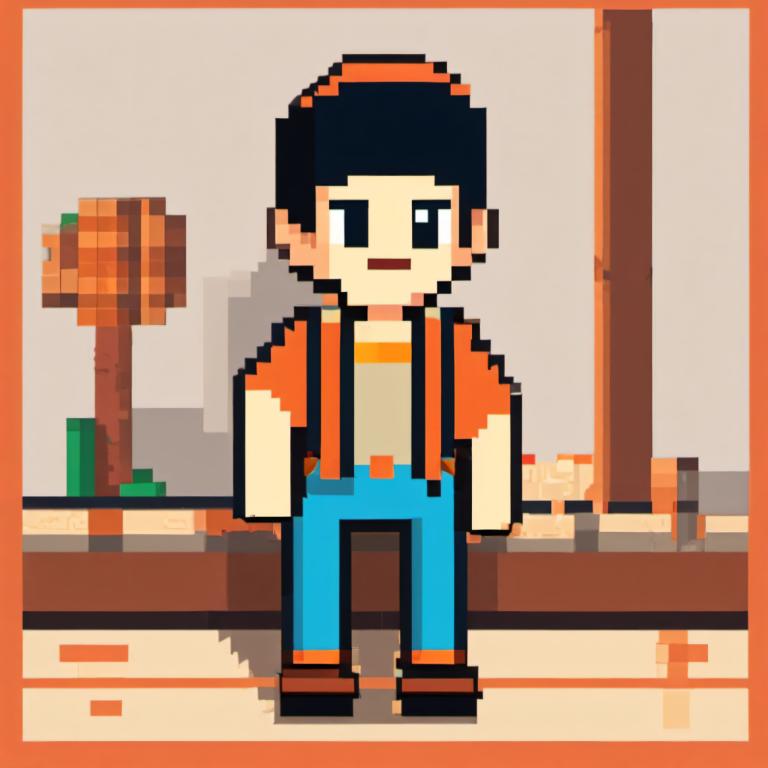 Pixel Art,Pixel Art, People, boy, 1boy, solo, male focus, shirt, orange shirt, black eyes, black hair