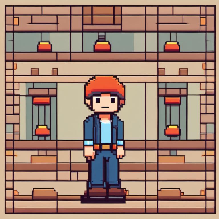 Pixel Art,Pixel Art, People, boy, 1boy, male focus, red headwear, solo, brown footwear, standing, belt