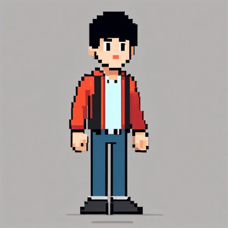 Pixel Art,Pixel Art, People, boy, 1boy, grey background, male focus, solo, black hair, jacket, shirt, pants