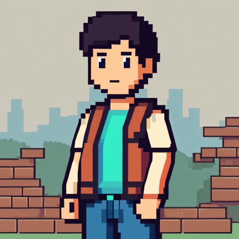 Pixel Art,Pixel Art, People, boy, 1boy, solo, male focus, black hair, brick wall, pants, vest, cowboy shot