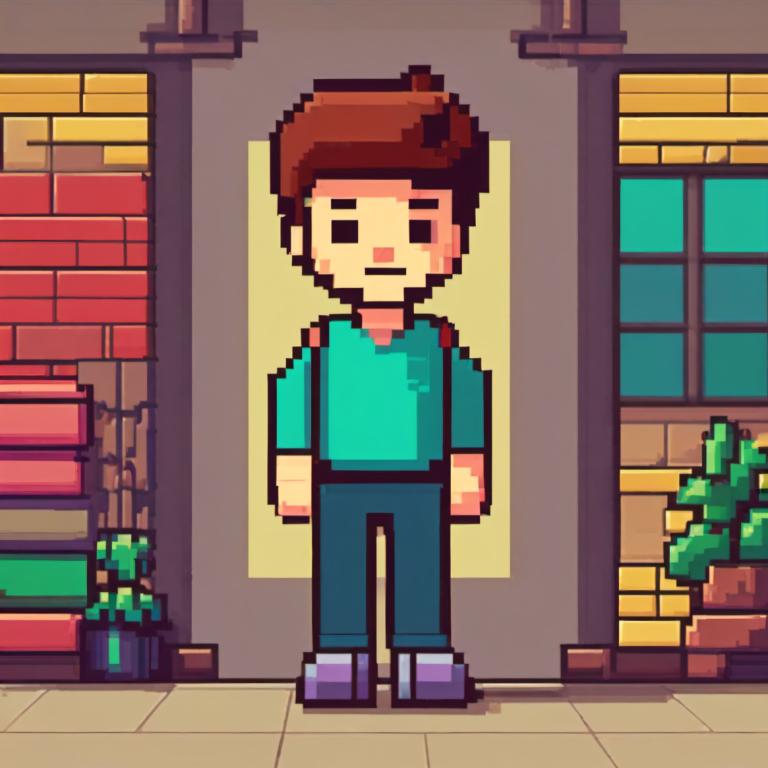 Pixel Art,Pixel Art, People, boy, 1boy, solo, brown hair, male focus, shirt, facial hair, plant, green shirt