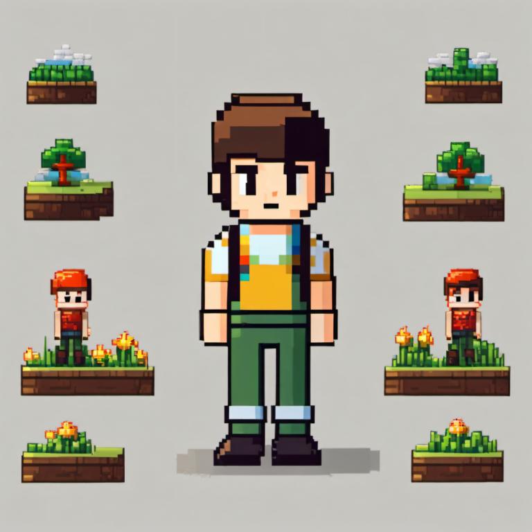 Pixel Art,Pixel Art, People, boy, grey background, brown hair, shirt, male focus, green pants, standing