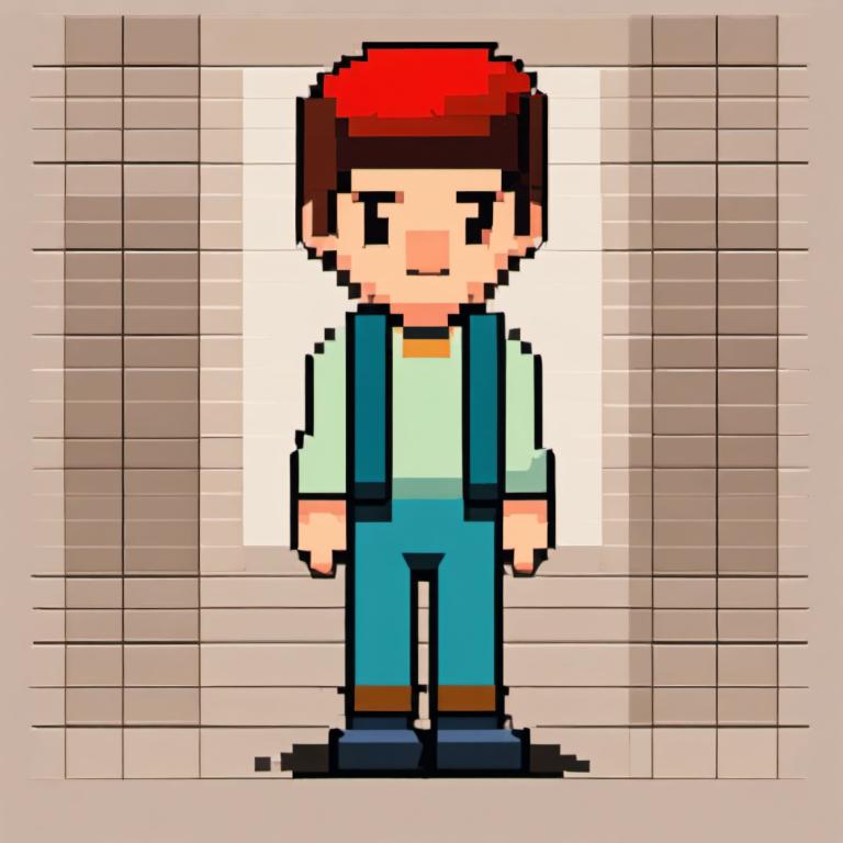 Pixel Art,Pixel Art, People, boy, solo, 1boy, male focus, arms at sides, brown hair, tiles, shirt, standing