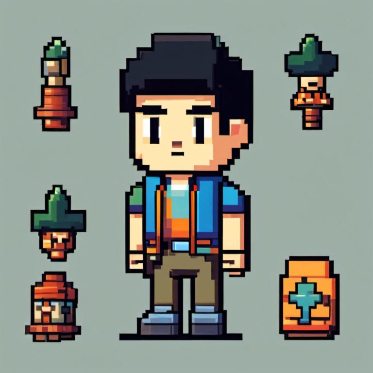 Pixel Art,Pixel Art, People, boy, 1boy, male focus, black hair, grey background, standing, black eyes