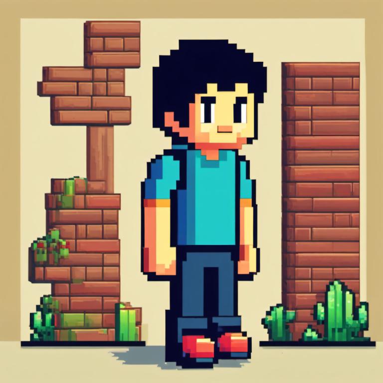 Pixel Art,Pixel Art, People, boy, 1boy, male focus, shirt, solo, black hair, bag, backpack, pants, blue shirt