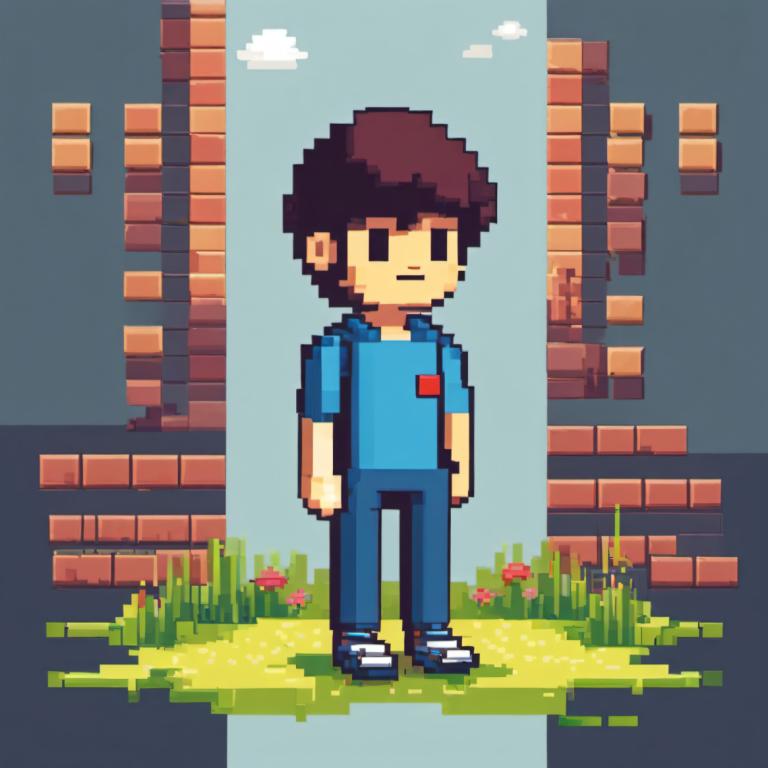 Pixel Art,Pixel Art, People, boy, 1boy, solo, male focus, brown hair, grass, shirt, standing, brick wall, bag