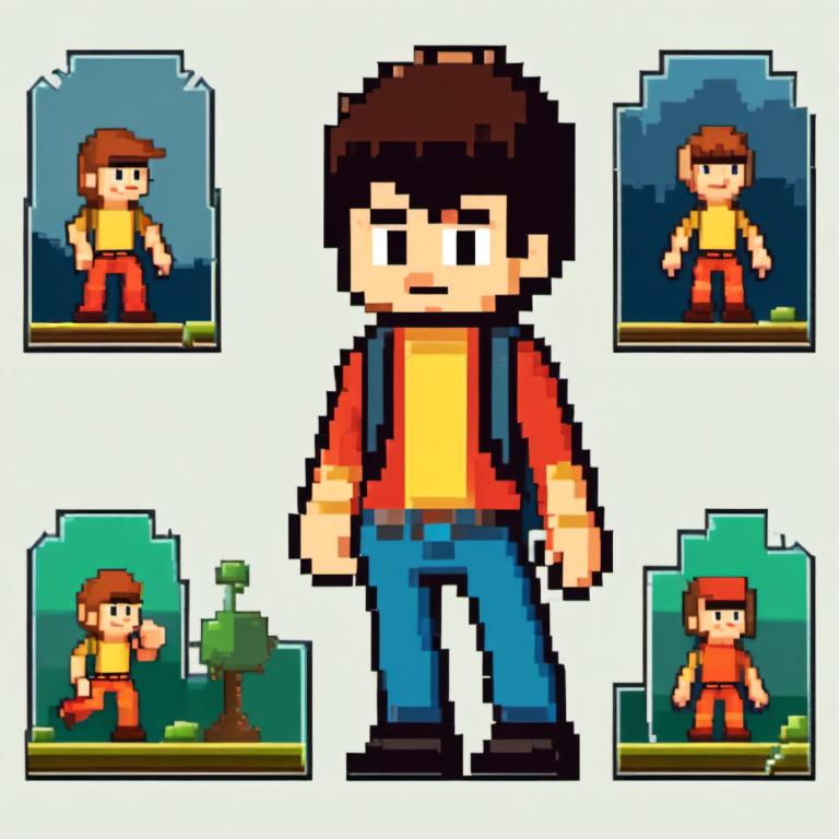 Pixel Art,Pixel Art, People, boy, 1boy, shirt, male focus, brown hair, pants, black eyes, standing