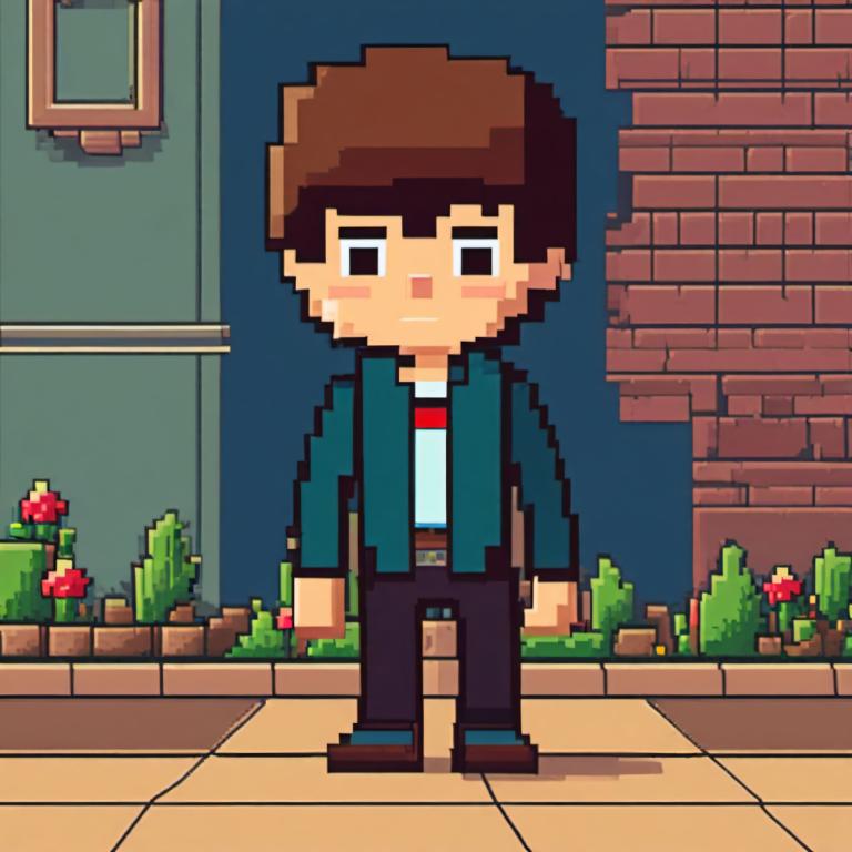 Pixel Art,Pixel Art, People, boy, 1boy, male focus, solo, brown hair, green jacket, belt, flower, jacket