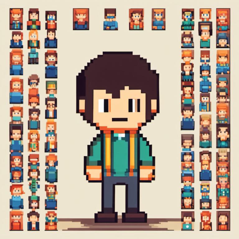 Pixel Art,Pixel Art, People, boy, 1boy, black hair, male focus, green jacket, standing, pants, shirt