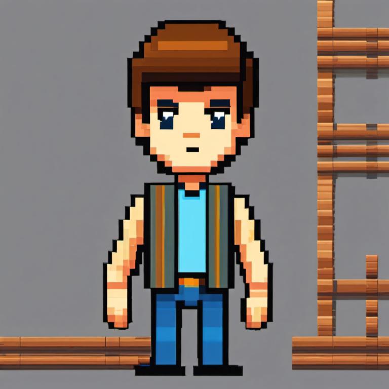 Pixel Art,Pixel Art, People, boy, brown hair, solo, 1boy, grey background, male focus, pants, shirt