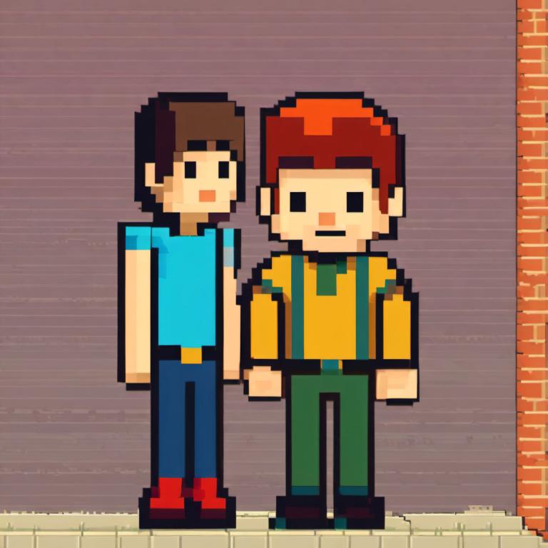 Pixel Art,Pixel Art, People, boy, multiple boys, 2boys, brown hair, male focus, shirt, suspenders, pants