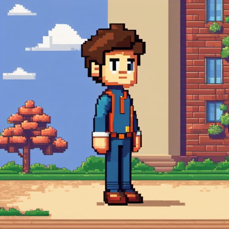 Pixel Art,Pixel Art, People, boy, 1boy, male focus, solo, brown hair, outdoors, tree, day, cloud, standing