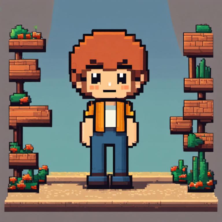 Pixel Art,Pixel Art, People, boy, 1boy, male focus, solo, brown hair, shirt, pants, smile, standing