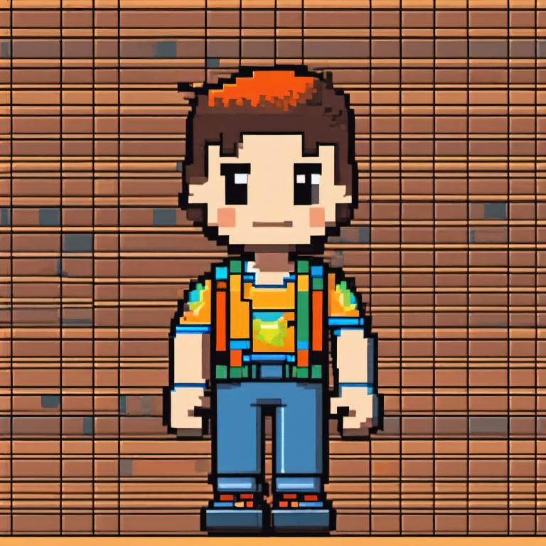 Pixel Art,Pixel Art, People, boy, solo, 1boy, shirt, brown hair, male focus, pants, smile, standing