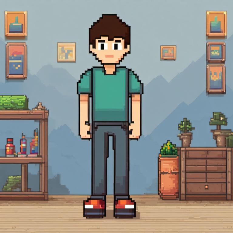 Pixel Art,Pixel Art, People, boy, 1boy, solo, shirt, male focus, green shirt, brown hair, plant