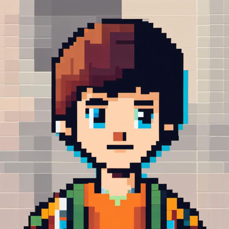 Pixel Art,Pixel Art, People, boy, 1boy, male focus, solo, blue eyes, facial hair, shirt, brown hair