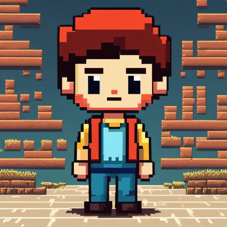 Pixel Art,Pixel Art, People, boy, 1boy, male focus, shirt, solo, brown hair, standing, brown footwear