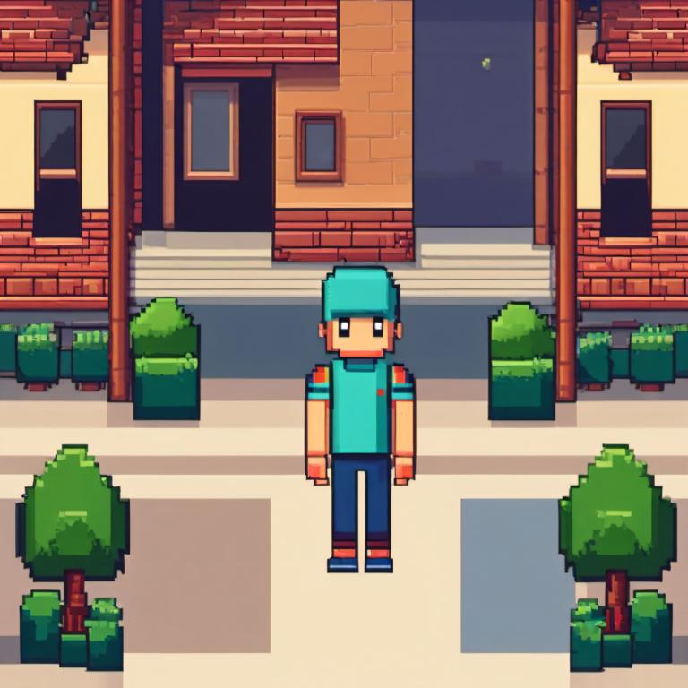 Pixel Art,Pixel Art, People, boy, 1boy, male focus, solo, shirt, hat, pants, outdoors, short sleeves, bush