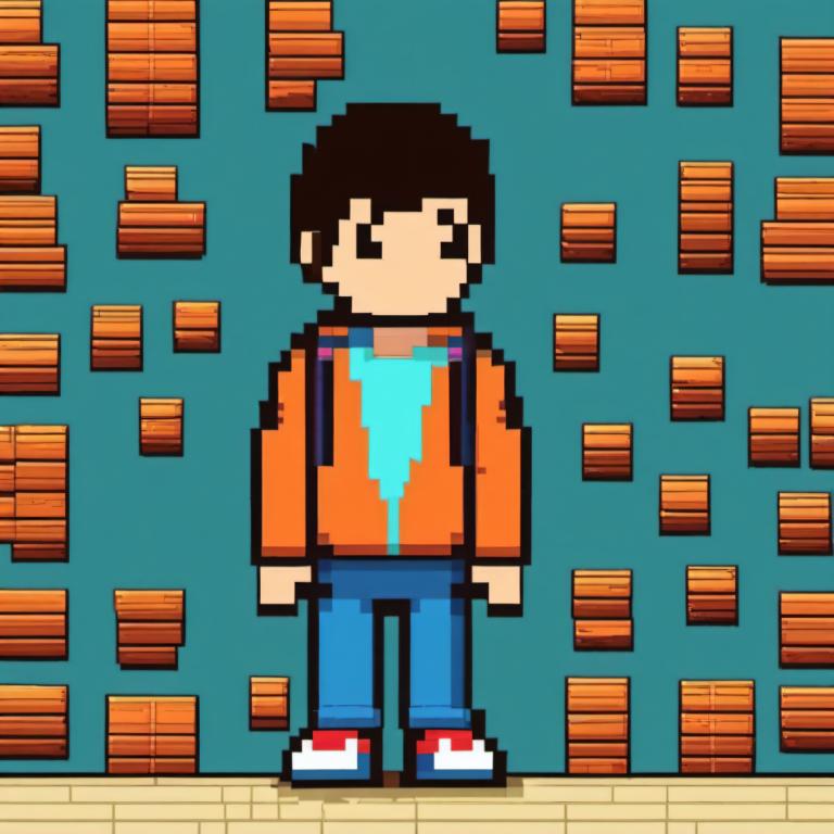 Pixel Art,Pixel Art, People, boy, solo, 1boy, male focus, black hair, shirt, shoes, pants, blue pants