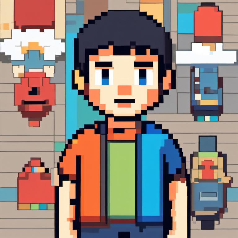 Pixel Art,Pixel Art, People, boy, 1boy, shirt, black hair, male focus, blue eyes, short sleeves