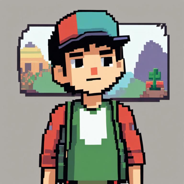 Pixel Art,Pixel Art, People, boy, 1boy, male focus, hat, shirt, black hair, facial hair, solo