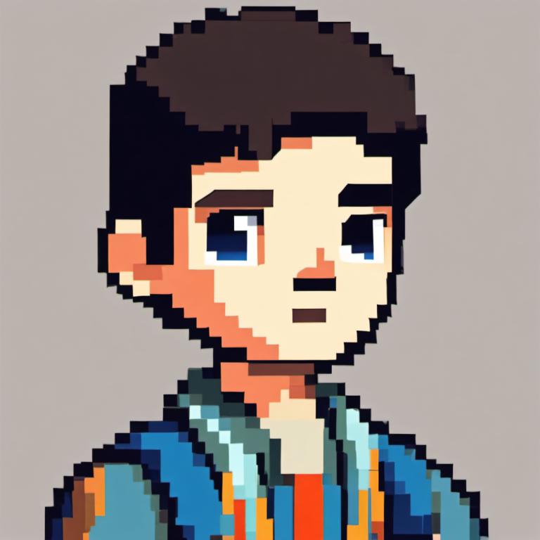 Pixel Art,Pixel Art, People, boy, 1boy, male focus, solo, blue eyes, facial hair, grey background, black hair