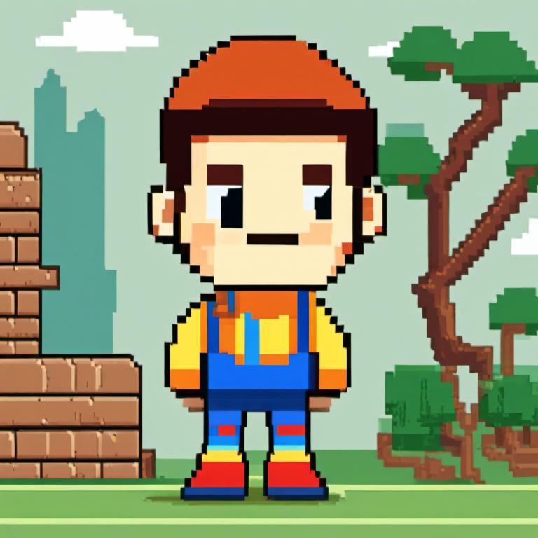 Pixel Art,Pixel Art, People, boy, 1boy, male focus, solo, overalls, tree, shirt, brown hair, facial hair