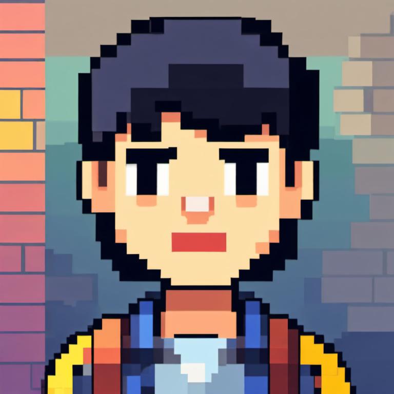 Pixel Art,Pixel Art, People, boy, 1boy, male focus, solo, black hair, open mouth, backpack, black eyes