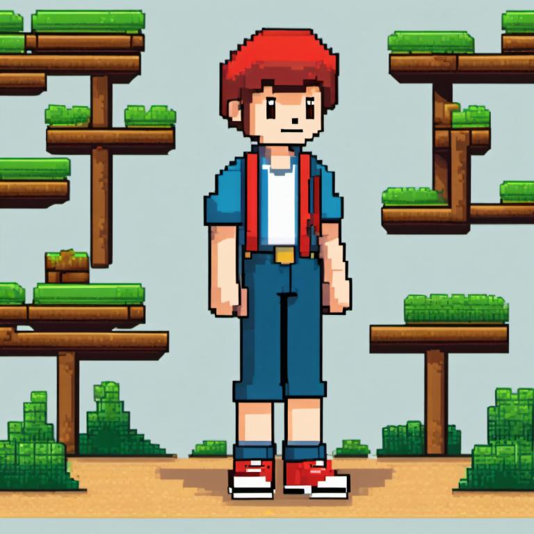 Pixel Art,Pixel Art, People, boy, 1boy, solo, male focus, red headwear, shirt, blue pants, standing