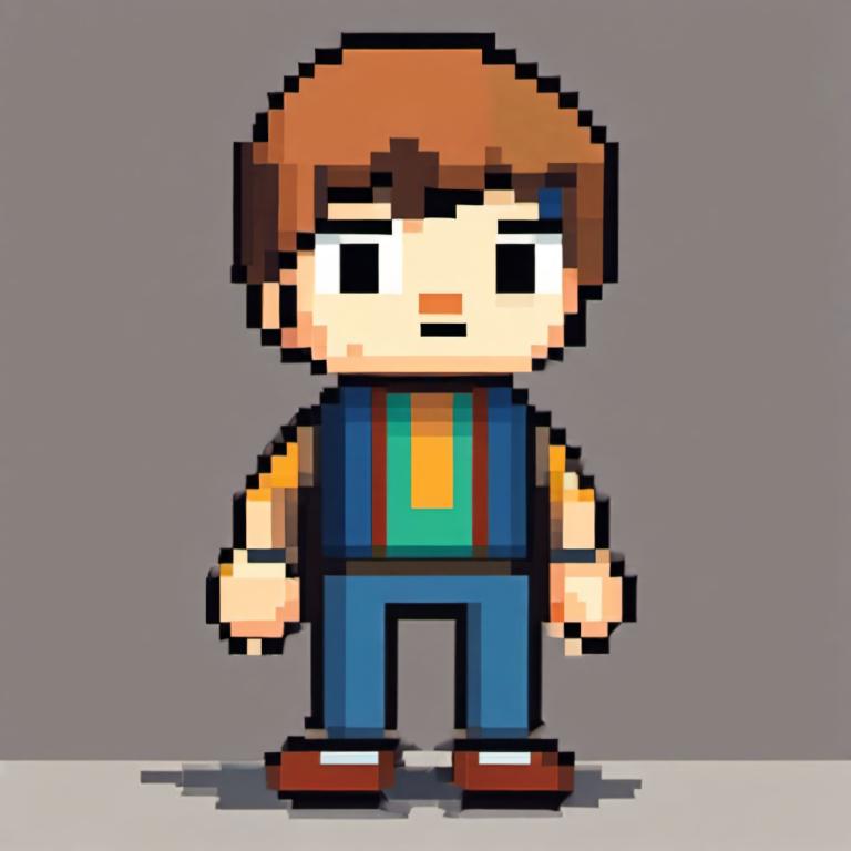 Pixel Art,Pixel Art, People, boy, 1boy, brown hair, grey background, solo, male focus, headband