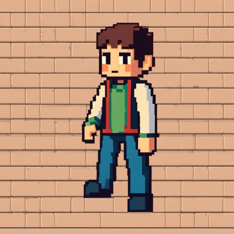 Pixel Art,Pixel Art, People, boy, 1boy, solo, brown hair, male focus, jacket, green shirt, brick wall, pants