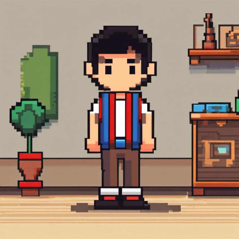 Pixel Art,Pixel Art, People, boy, 1boy, male focus, solo, plant, black hair, potted plant, facial hair, shirt