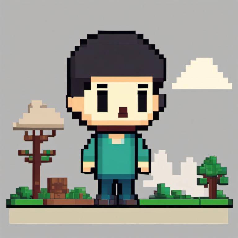 Pixel Art,Pixel Art, People, boy, 1boy, male focus, solo, black hair, grey background, chibi, tree