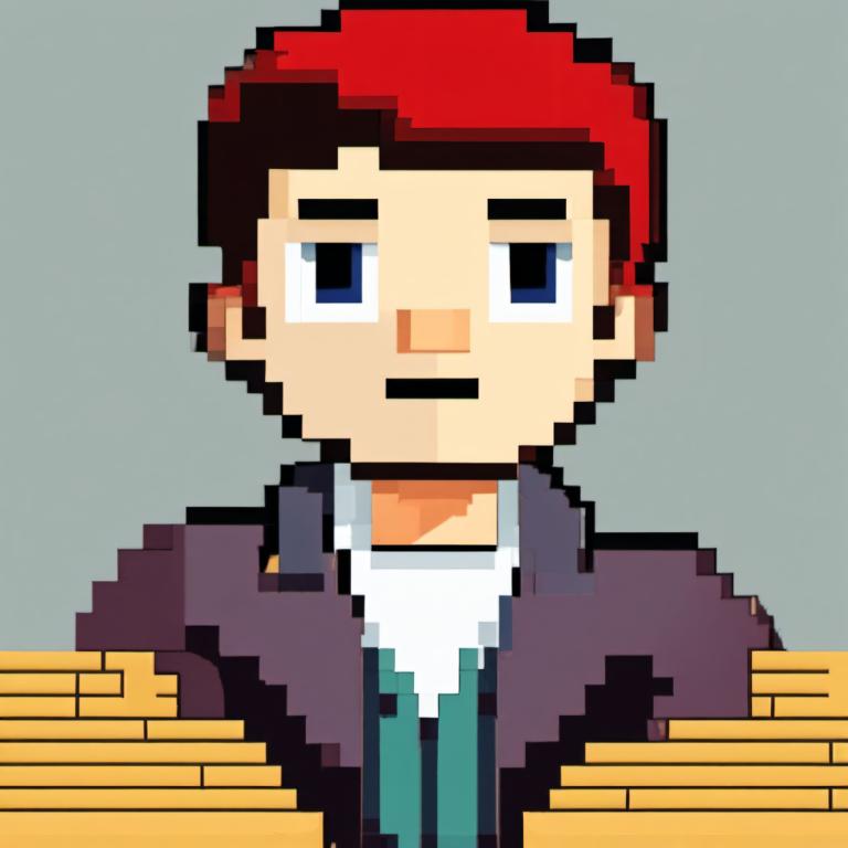 Pixel Art,Pixel Art, People, boy, 1boy, solo, male focus, blue eyes, red hair, grey background, facial hair