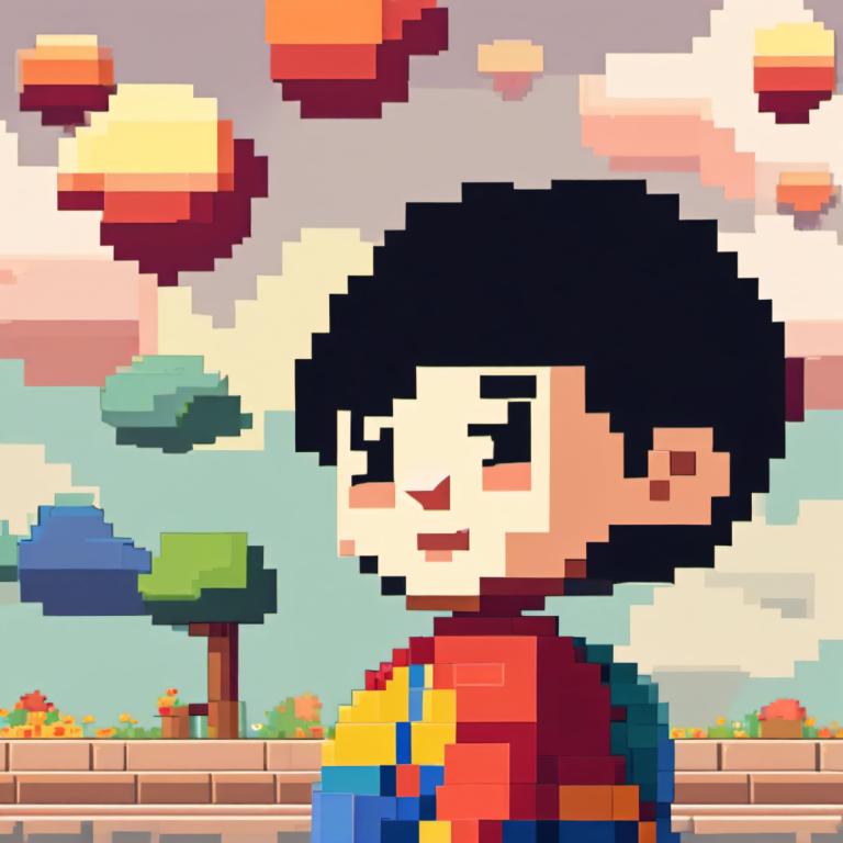 Pixel Art,Pixel Art, People, boy, 1boy, male focus, black hair, shirt, cloud, smile, overalls, open mouth