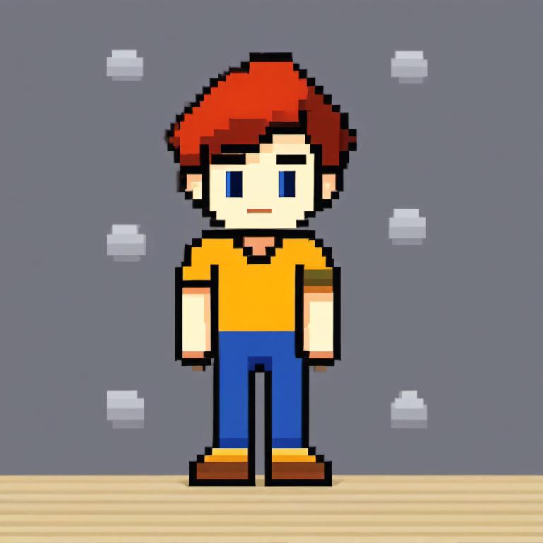 Pixel Art,Pixel Art, People, boy, 1boy, solo, male focus, blue eyes, shirt, grey background, brown footwear