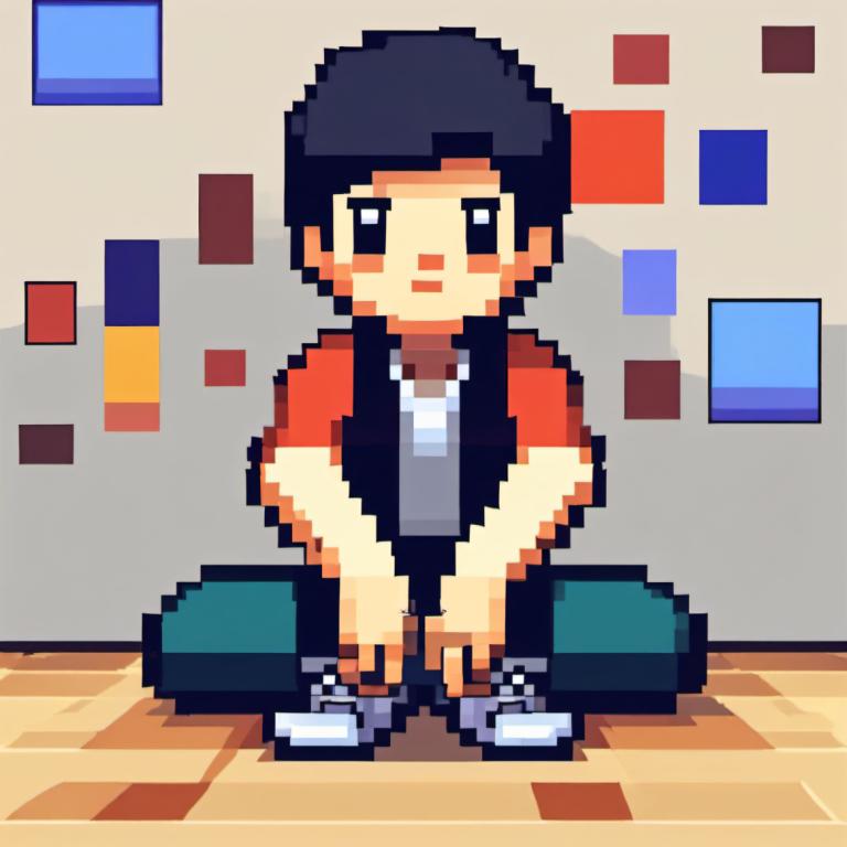 Pixel Art,Pixel Art, People, boy, 1boy, male focus, solo, black hair, shoes, sitting, green pants