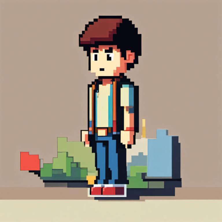 Pixel Art,Pixel Art, People, boy, 1boy, male focus, solo, brown hair, standing, red footwear, bag, shirt