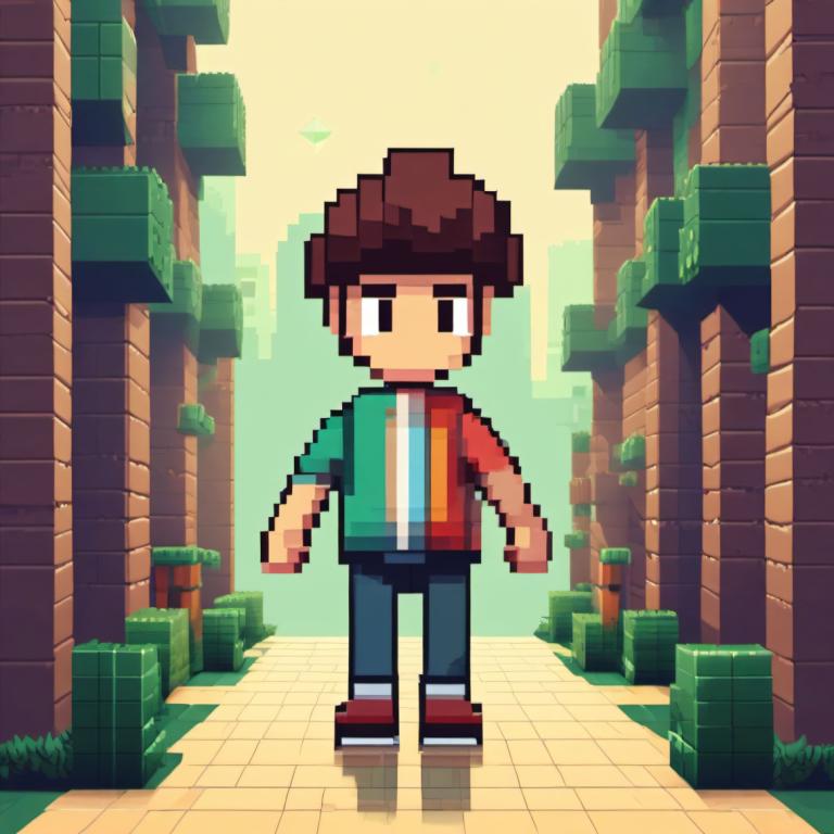 Pixel Art,Pixel Art, People, boy, 1boy, brown hair, male focus, solo, shirt, pants, standing, shoes, outdoors