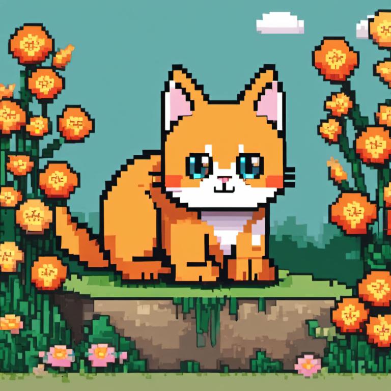 Pixel art,Pixel art, Animal, chat, pas d'humains, fleur, yeux bleus, en plein air, chat, ciel, herbe, jour