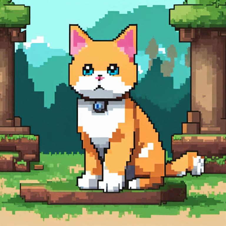 Pixel art,Pixel art, Animal, chat, pas d'humains, arbre, yeux bleus, chat, en plein air, herbe, jour, solo