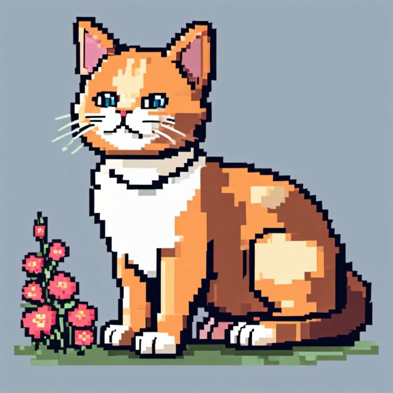 Pixel art,Pixel art, Animal, chat, pas d'humains, fleur, fond gris, chat, fond simple, yeux bleus