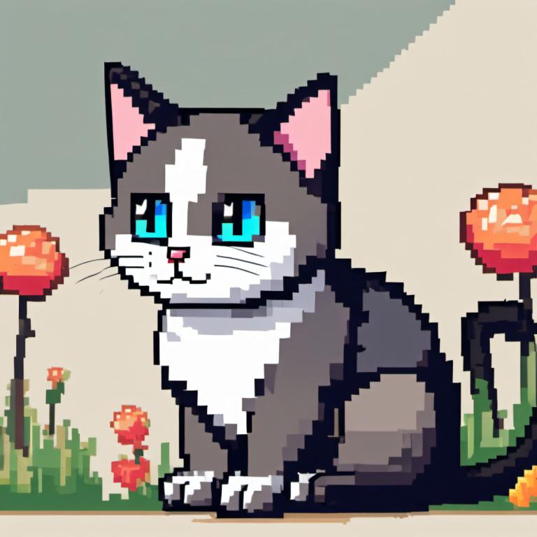 Pixel art,Pixel art, Animal, chat, pas d'humains, chat, fleur, yeux bleus, mise au point sur les animaux