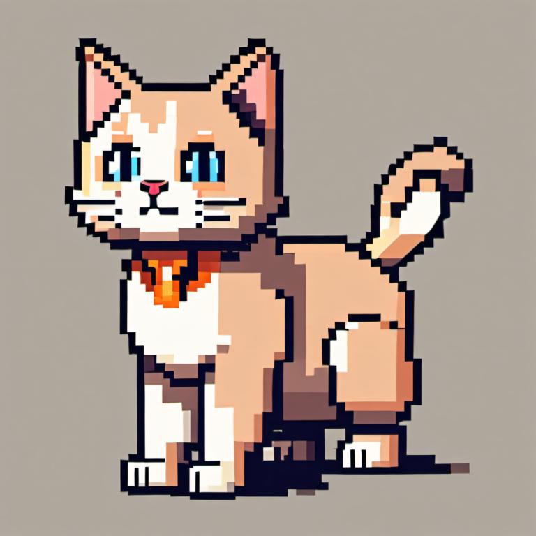 Pixel Art,Pixel Art, Animal, cat, no humans, grey background, simple background, cat, blue eyes, full body