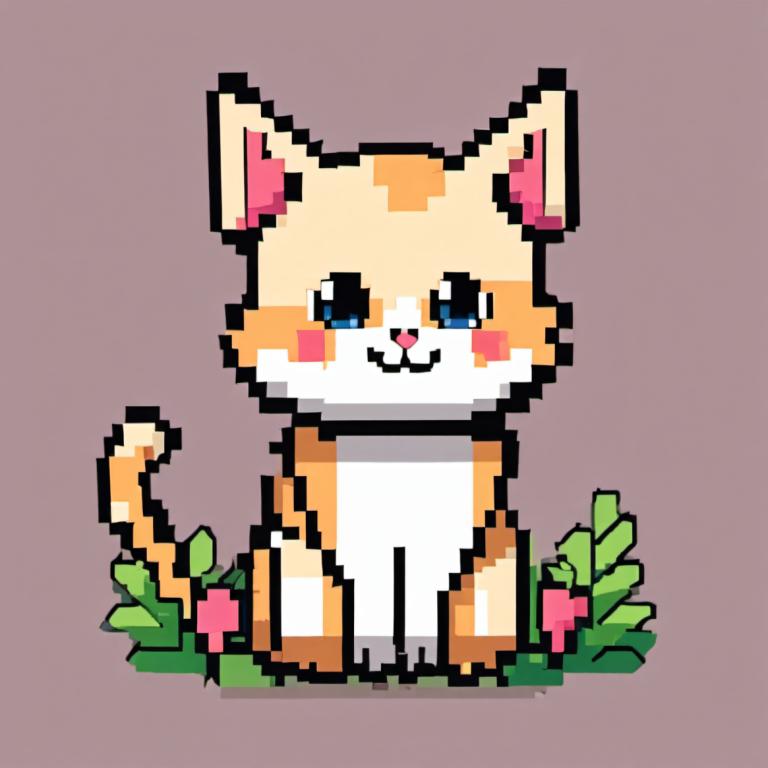 Pixel art,Pixel art, Animal, chat, pas d'humains, fond simple, tout le corps, solo, yeux bleus, :3, fond gris