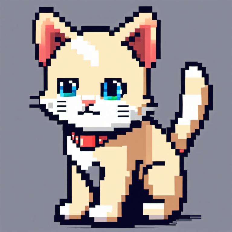 Pixel art,Pixel art, Animal, chat, pas d'humains, fond gris, fond simple, yeux bleus, chat, tout le corps, :3