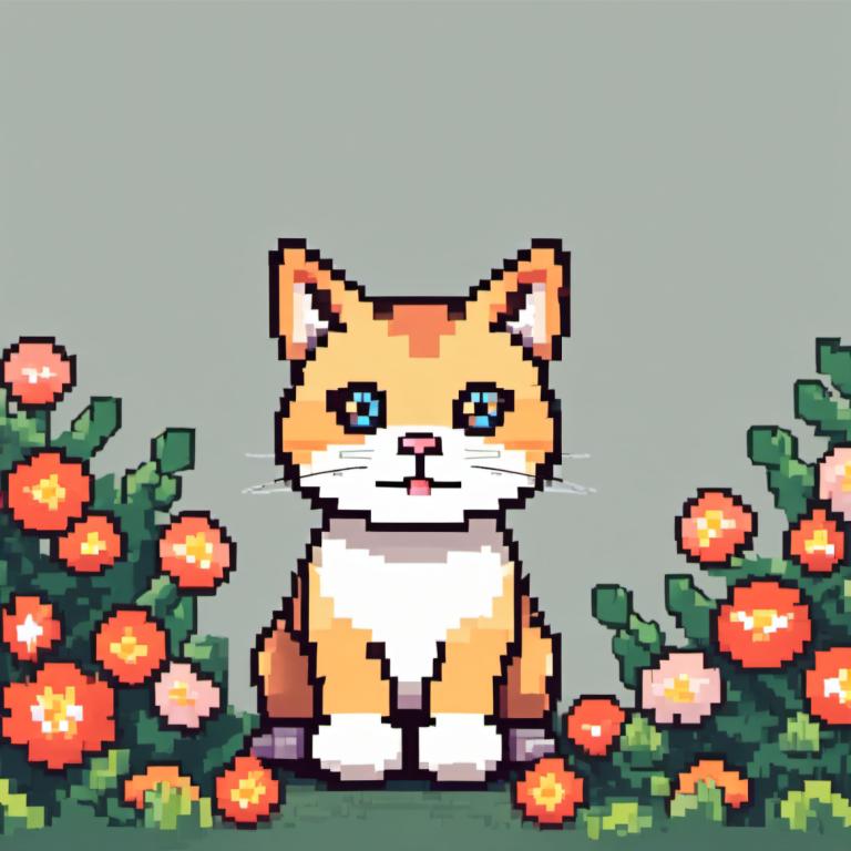 Pixel art,Pixel art, Animal, chat, pas d'humains, fleur, fond gris, yeux bleus, mise au point sur les animaux