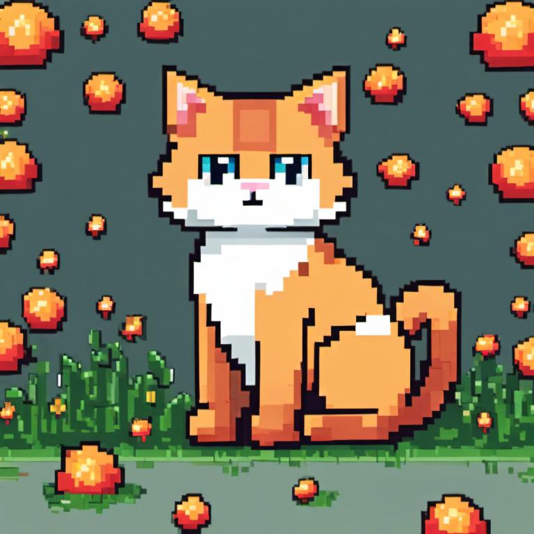 Pixel Art,Pixel Art, Animal, cat, no humans, solo, grey background, cat, grass, full body, blue eyes, flower