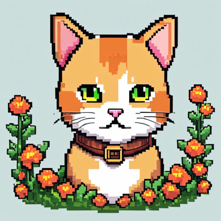 Pixel Art,Pixel Art, Dyr, kat, ingen mennesker, blomst, grønne øjne, kat, krave, orange blomst, grå baggrund