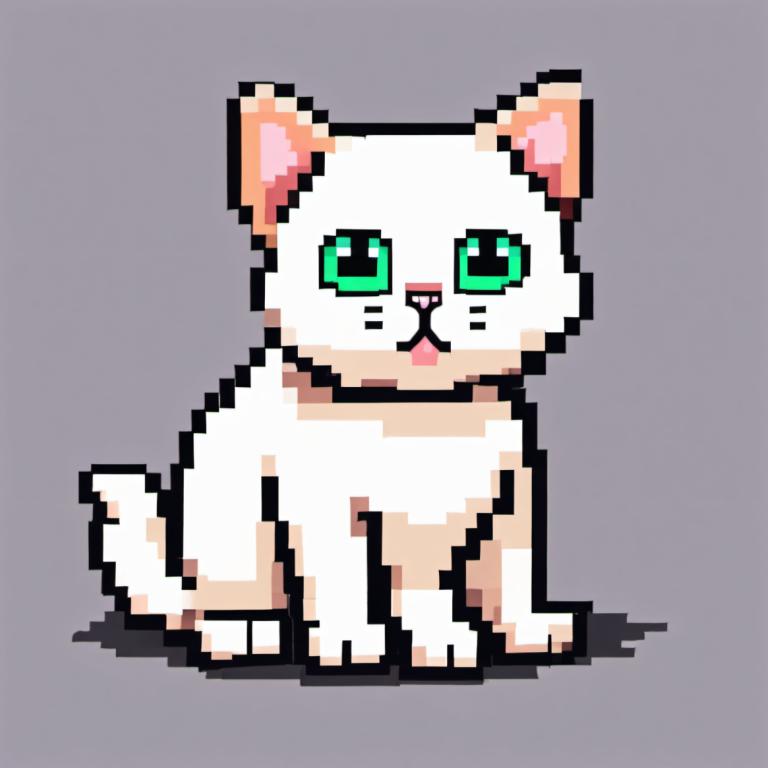 Pixel Art,Pixel Art, Animal, cat, no humans, grey background, cat, simple background, green eyes